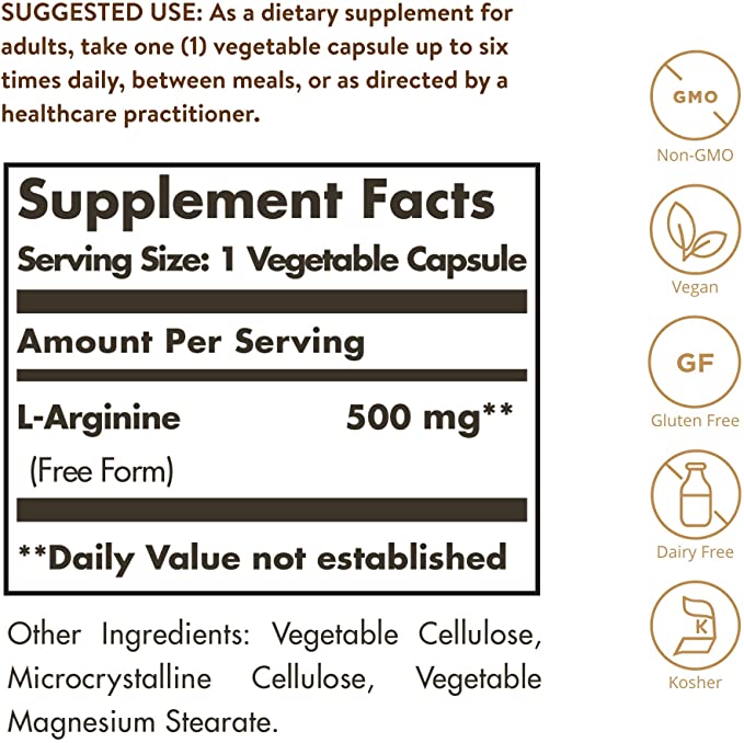 Solgar L-Arginine 500 mg - 100 Vegetable Capsules - Nitric Oxide Stimulator - Non-GMO, Vegan, Gluten Free, Dairy Free, Kosher - 100 Servings