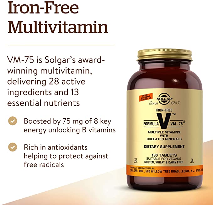 Solgar Iron-Free Formula VM-75, 180 Tablets - Multivitamin with Chelated Minerals - Vitamin A, B6, B12, C, D, E - Biotin, Magnesium, Calcium, Zinc - Vegan, Gluten &amp; Dairy Free, Kosher - 180 Servings