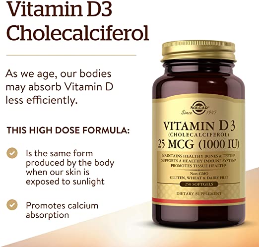 Solgar Vitamin D3 (Cholecalciferol) 25 mcg (1000 IU) - 100 Softgels - Helps Maintain Healthy Bones &amp; Teeth - Immune System Support - Non-GMO, Gluten Free, Dairy Free - 100 Servings