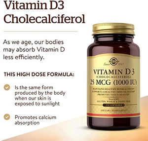 Solgar Vitamin D3 (Cholecalciferol) 25 mcg (1000 IU), 100 Softgels - Helps Maintain Healthy Bones & Teeth - Immune System Support - Non-GMO, Gluten Free, Dairy Free - 100 Servings