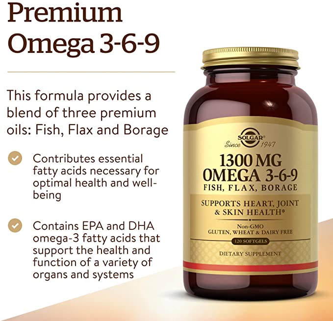 Solgar 1300 mg Omega 3-6-9, 120 Softgels - Fish Oil Supplement - Support for Joint &amp; Skin Health - Includes Flaxseed &amp; Borage - Contains EPA &amp; DHA Omega 3 Fatty Acids - 40 Servings