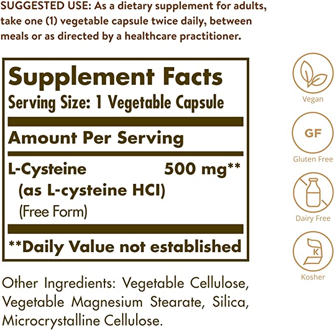 Solgar L-Cysteine 500 mg, 90 Vegetable Capsules - Free Form Amino Acid - Keratin Support for Skin, Hair &amp; Nails - Glutathione Support - Vegan, Gluten Free, Dairy Free, Kosher - 90 Servings