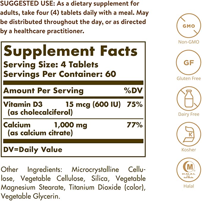 Solgar Calcium Citrate with Vitamin D3-240 Tablets - Non-GMO, Gluten Free, Kosher - 60 Servings