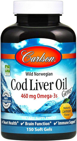 Carlson - Cod Liver Oil Gems, 460 mg Omega-3s + Vitamins A & D3, Wild-Caught Norwegian Arctic Cod-Liver Oil, Sustainably Sourced Nordic Fish Oil Capsules, Lemon, 150 Soft Gels - Discount Nutrition Store