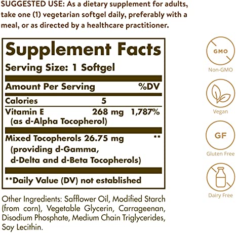 Solgar Vitamin E 268 mg (400 IU), 100 Vegetarian Softgels - Natural Antioxidant, Skin &amp; Immune System Support - Naturally-Sourced Vitamin E - Non-GMO, Vegan, Gluten Free, Dairy Free - 100 Servings