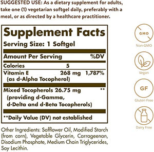 Solgar Vitamin E 268 mg (400 IU), 100 Vegetarian Softgels - Natural Antioxidant, Skin & Immune System Support - Naturally-Sourced Vitamin E - Non-GMO, Vegan, Gluten Free, Dairy Free - 100 Servings