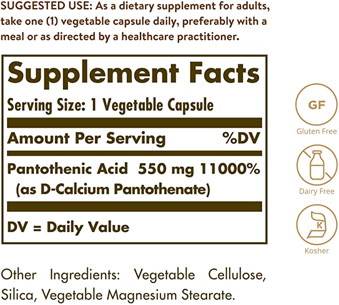 Solgar Pantothenic Acid 550 mg Vegetable Capsules Vitamin B5 Energy Metabolism Nervous System Support Gluten Free Dairy Free Kosher Servings, Standard Packaging, 100 Count