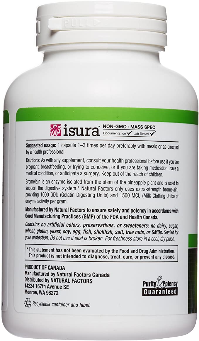 Natural Factors, Bromelain 500 mg, Enzyme Support for a Healthy Digestive System, 180 Capsules.