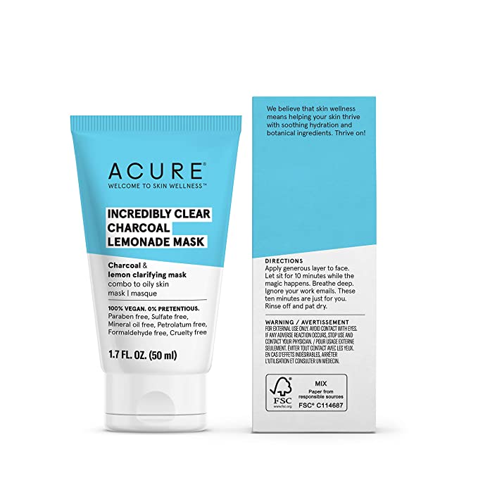 Acure Incredibly Clear Charcoal Lemonade Mask | For Oily to Normal &amp; Acne Prone Skin | Charcoal, Lemon &amp; Clay - Draws Out Impurities | 1.7 Fl Oz