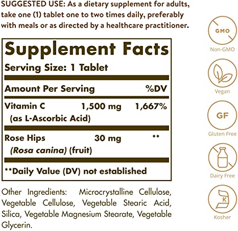 Solgar Vitamin C 1500 mg with Rose Hips, 180 Tablets - Antioxidant &amp; Immune Support - Overall Health - Supports Healthy Skin &amp; Joints - Non GMO, Vegan, Gluten Free, Dairy Free, Kosher - 180 Servings
