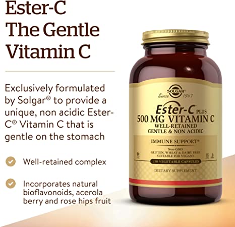 Solgar Ester-C Plus 500 mg Vitamin C (Ascorbate Complex), 250 Vegetable Capsules - Gentle &amp; Non Acidic - Antioxidant &amp; Immune Support - Non GMO, Vegan, Gluten Free, Kosher - 250 Servings