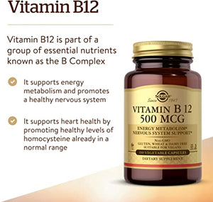 Solgar Vitamin B12 500 mcg - 100 Vegetable Capsules - Energy Metabolism & Nervous System Support - Non-GMO, Vegan, Gluten & Dairy Free, Kosher, Halal - 100 Servings
