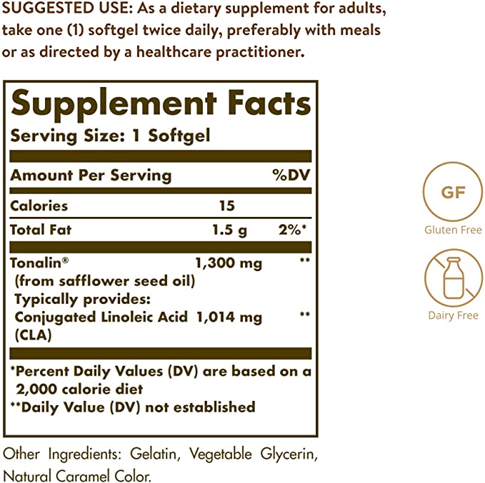 Solgar Tonalin CLA 1300 mg - 60 Softgels - Conjugated Linoleic Acid - Non-GMO, Gluten Free, Dairy Free - 60 Servings