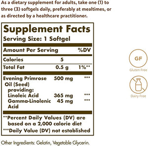 Solgar Evening Primrose Oil 500 mg, 180 Softgels - Promotes Healthy Skin & Cardiovascular Health - Nutritional Support for Women - Gluten Free, Dairy Free - 180 Servings
