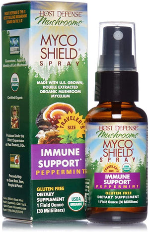 Host Defense, MycoShield Peppermint Spray, Immune Support, Mushroom Supplement with Turkey Tail, Reishi and Chaga, Vegan, Organic, 1 oz (71 Servings) - Discount Nutrition Store