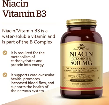 Solgar Niacin (Vitamin B3) 500 mg, 250 Vegetable Capsules - Cardiovascular Support - Energy Metabolism - Non-GMO, Vegan, Gluten Free, Dairy Free, Kosher - 250 Servings