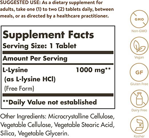 Solgar L-Lysine 1000 mg, 250 Tablets - Enhanced Absorption and Assimilation - Promotes Integrity of Skin and Lips - Collagen Support - Amino Acids - Non-GMO, Vegan, Gluten Free - 250 Servings