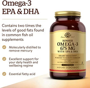 Solgar Kosher Omega-3 675 mg, 100 Softgels - Cardiovascular, Joint & Cellular Health - Concentrated Omega-3 Fatty Acids EPA & DHA