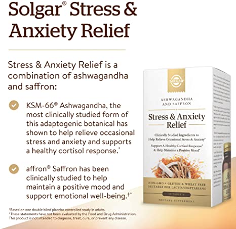 Solgar Stress &amp; Anxiety Relief, 30 Tablets - Clinically Studied Ashwagandha &amp; Saffron - Helps Relieve Occasional Stress &amp; Anxiety, Helps Maintain a Positive Mood