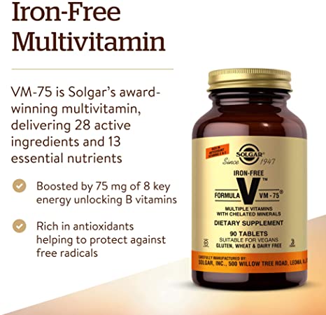Solgar Iron-Free Formula VM-75, 90 Tablets - Multivitamin with Chelated Minerals - Vitamin A, B6, B12, C, D, E - Biotin, Magnesium, Calcium, Zinc - Vegan, Gluten &amp; Dairy Free, Kosher - 90 Servings