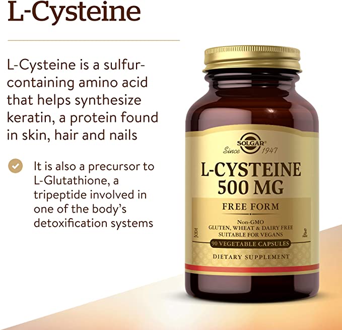 Solgar L-Cysteine 500 mg, 90 Vegetable Capsules - Free Form Amino Acid - Keratin Support for Skin, Hair &amp; Nails - Glutathione Support - Vegan, Gluten Free, Dairy Free, Kosher - 90 Servings