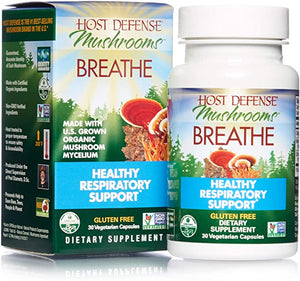 Host Defense, Breathe, 30 Capsules, Respiratory Support, Mushroom Supplement with Cordyceps, Reishi and Chaga, Vegan, Organic, 15 Servings