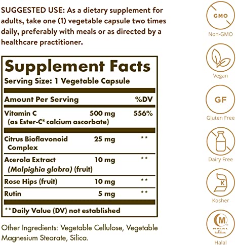 Solgar Ester-C Plus 500 mg Vitamin C (Ascorbate Complex), 250 Vegetable Capsules - Gentle &amp; Non Acidic - Antioxidant &amp; Immune Support - Non GMO, Vegan, Gluten Free, Kosher - 250 Servings