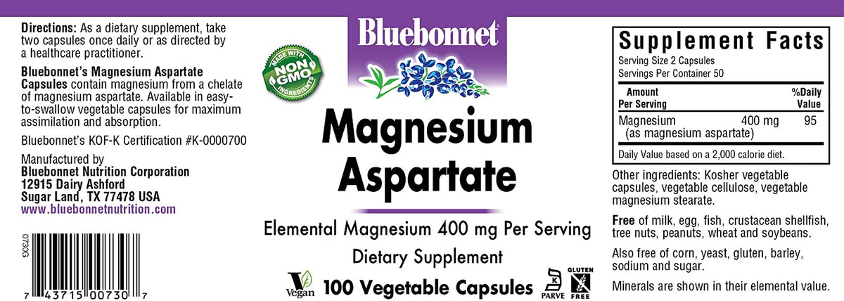Bluebonnet Nutrition Magnesium 400 mg Chelated Magnesium Aspartate Daily Mineral, Heart &amp; Bone Support* Supplement for Men &amp; Women Vegan, Non-GMO - 100 Vegetable Capsules