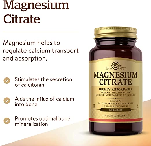 Solgar Magnesium Citrate, 120 Tablets - Promotes Healthy Bones - Supports Nerve &amp; Muscle Function - Non GMO, Vegan, Gluten Free, Dairy Free, Kosher - 60 Servings