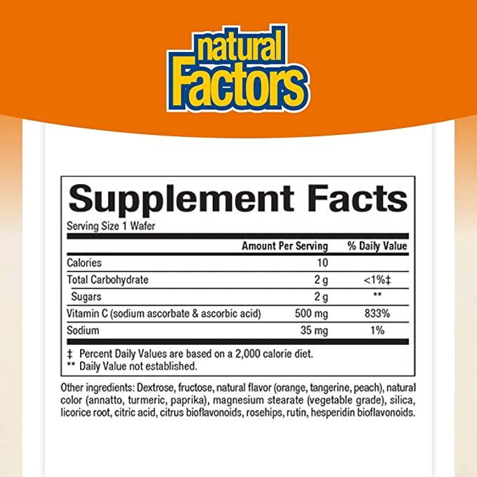 Natural Factors 100% Natural Fruit Chew C Tangy Orange, 500 mg, 180 Chewable Wafers
