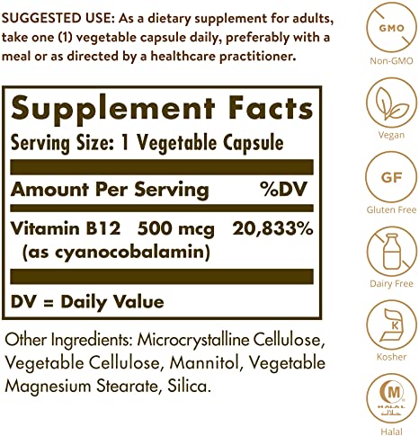 Solgar Vitamin B12 500 mcg - 100 Vegetable Capsules - Energy Metabolism &amp; Nervous System Support - Non-GMO, Vegan, Gluten &amp; Dairy Free, Kosher, Halal - 100 Servings