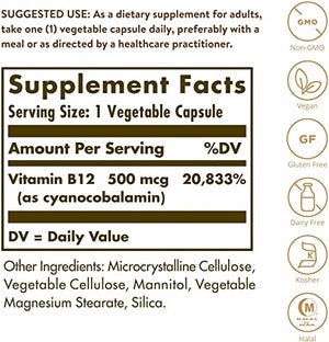 Solgar Vitamin B12 500 mcg - 100 Vegetable Capsules - Energy Metabolism & Nervous System Support - Non-GMO, Vegan, Gluten & Dairy Free, Kosher, Halal - 100 Servings