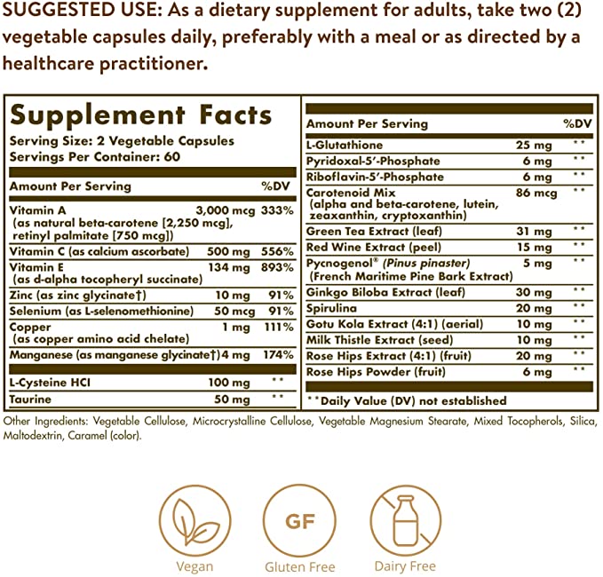 Solgar Advanced Antioxidant Formula - 120 Vegetable Capsules - Non-GMO, Vegan, Gluten Free - 60 Servings
