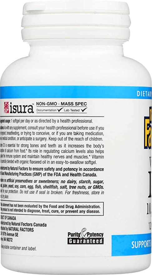 Natural Factors, Vitamin D3 10000 IU, Supports Strong Bones, Teeth, and Muscle and Immune Function with Flaxseed Oil, 120 softgels (120 Servings)