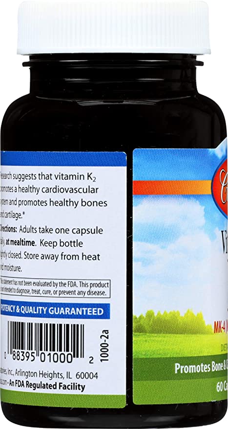 Carlson - Vitamin K2, MK-4 (Menatetrenone), Vitamin K Supplement, Bone &amp; Heart Health, K2 Vitamin, Soy-free, 60 capsules