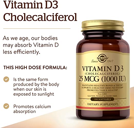 Solgar Vitamin D3 (Cholecalciferol) 25 mcg (1000 IU) - 100 Softgels - Helps Maintain Healthy Bones &amp; Teeth - Immune System Support - Non-GMO, Gluten Free, Dairy Free - 100 Servings