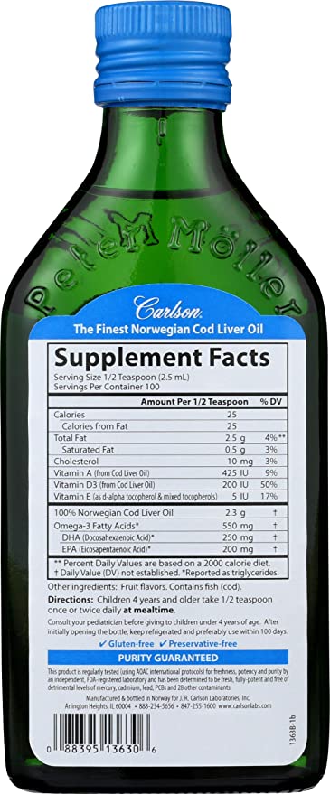 Carlson - Kid&#39;s Cod Liver Oil, 550 mg Omega-3s, Vitamins A &amp; D3, Wild Norwegian, Bubble Gum, 250 mL