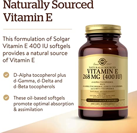 Solgar Vitamin E 268 mg (400 IU), 100 Vegetarian Softgels - Natural Antioxidant, Skin &amp; Immune System Support - Naturally-Sourced Vitamin E - Non-GMO, Vegan, Gluten Free, Dairy Free - 100 Servings