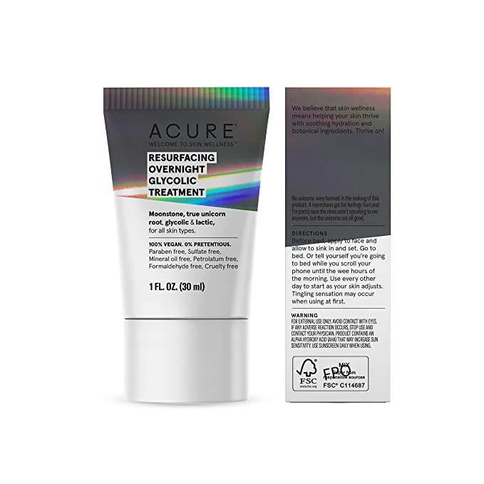 ACURE Resurfacing Overnight Glycolic Treatment - Night Dewy Glow Cream with Moonstone,True Unicorn Root, Glycolic &amp; Lactic Acid Formula - Refines, Resurfaces and Improves Skin Tone &amp; Texture - 1 Fl Oz