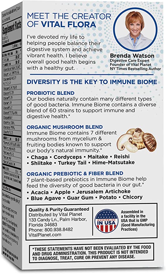 Vital Planet - Vital Flora Immune Support Probiotic, 60 Billion CFU, 60 Diverse Strains, 7 Organic Mushroom Supplement Blend with Prebiotics, Shelf Stable Digestive Health Probiotics 30 Capsules