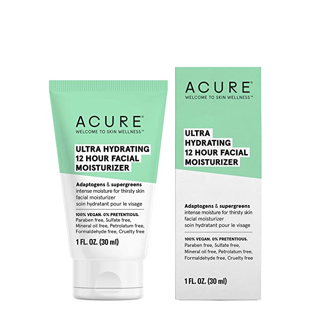 Acure Ultra Hydrating 12 Hour Facial Moisturizer - Intense Morning Moisture for Dry Dull Skin - Infused Blend of Adaptogens Aswagandha &amp; 7 Supergreens - All Natural Vegan Cream Formula - 1 Fl Oz