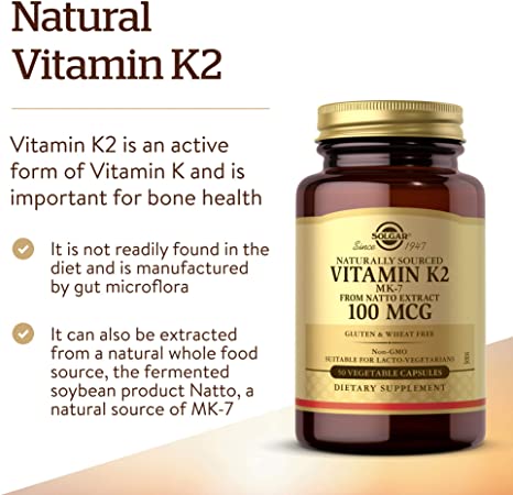 Solgar Naturally Sourced Vitamin K2 (MK-7) 100 mcg - 50 Vegetable Capsules - Supports Bone Health - Whole Food Source from Natto Extract - Non-GMO, Gluten Free - 50 Total Servings