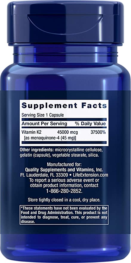 Life Extension Mega Vitamin K2 High Potency for Strong Bones, clinically Studied 45 mg K2 Dosage, Promotes Healthy Bone Density, Gluten-Free, Non-GMO, 30 Capsules
