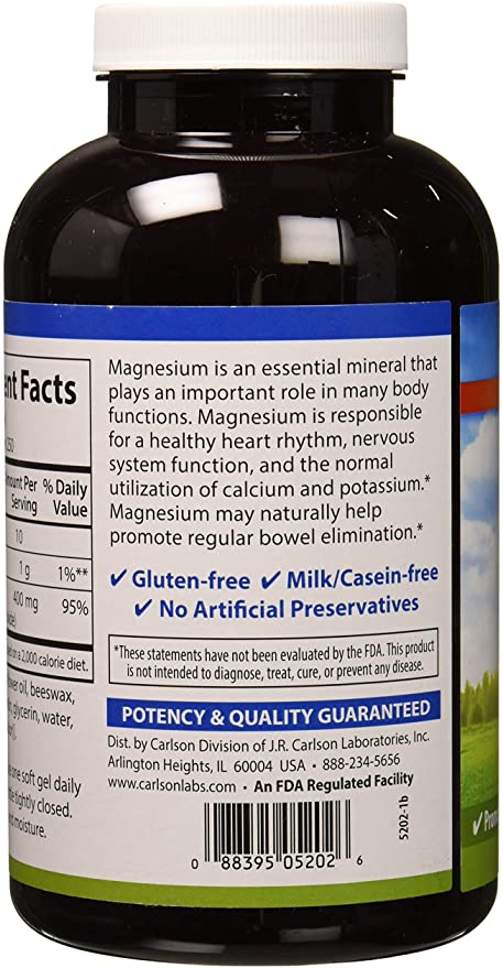 Carlson - Magnesium Gels, 400 mg of Magnesium per Softgel, Heart &amp; Muscle Support, Magnesium Gel Caps, Bowel Function, Magnesium Supplement, 250 Softgels