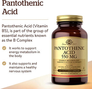 Solgar Pantothenic Acid, 550 mg, 100 Vegetable Capsules