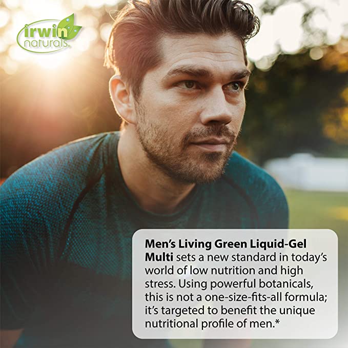 Irwin Naturals Men&#39;s Living Green Liquid-Gel Multi - 70 Essential Nutrients, Full-Spectrum Vitamins, Wholefood Blend - Targeted Adrenal &amp; Brain Support - 90 Liquid Softgels