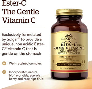 Solgar Ester-C Plus 500 mg Vitamin C (Ascorbate Complex), 100 Vegetable Capsules - Gentle & Non Acidic - Antioxidant & Immune Support - Non GMO, Vegan, Gluten Free, Kosher - 100 Servings