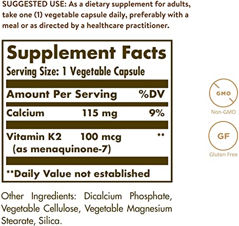 Solgar Naturally Sourced Vitamin K2 (MK-7) 100 mcg - 50 Vegetable Capsules - Supports Bone Health - Whole Food Source from Natto Extract - Non-GMO, Gluten Free - 50 Total Servings