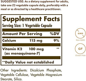 Solgar Vitamin K2 (MK-7) 100mcg, 50 Vegetable Capsules - Supports Bone Health - Natural Whole Food Source from Natto Extract - Non-GMO, Gluten Free - 50 Servings