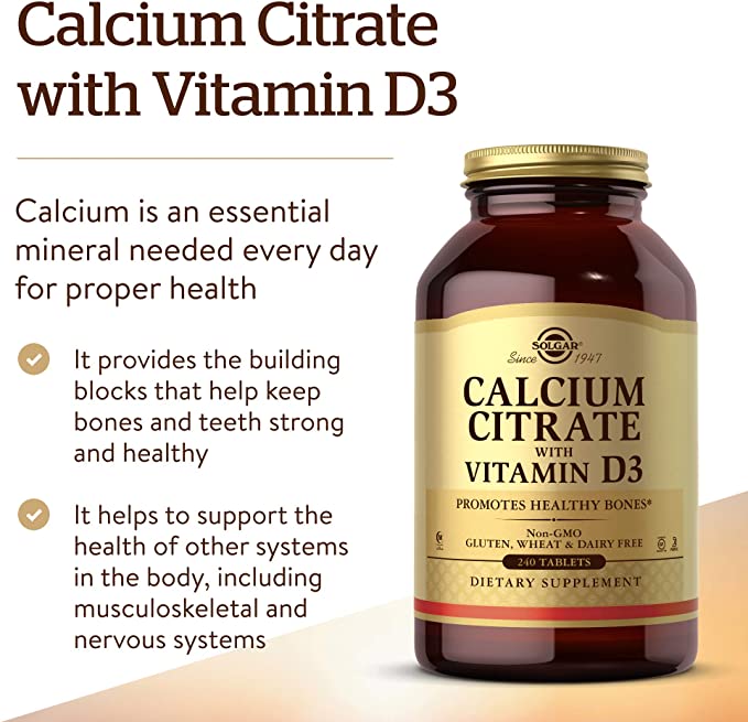 Solgar Calcium Citrate with Vitamin D3-240 Tablets - Non-GMO, Gluten Free, Kosher - 60 Servings